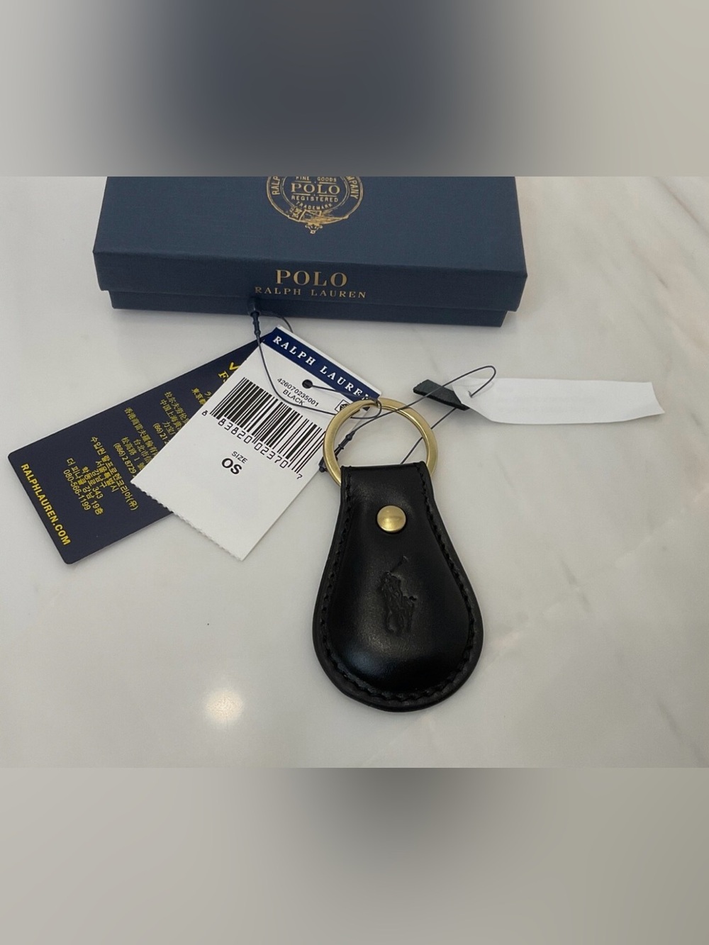 NEW Polo Ralph Lauren Leather Embossed POLO PLAYER Key Ring Keychain - BLACK